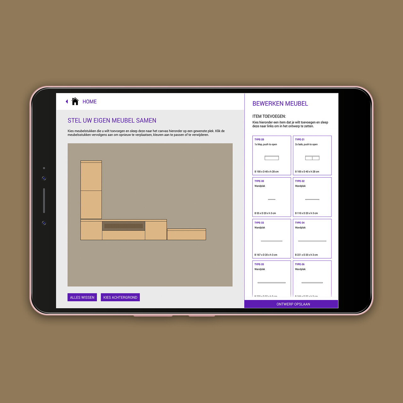 VDV meubelen webapplicatie gemaakt door AllesOnline. Meubel samenstellen.