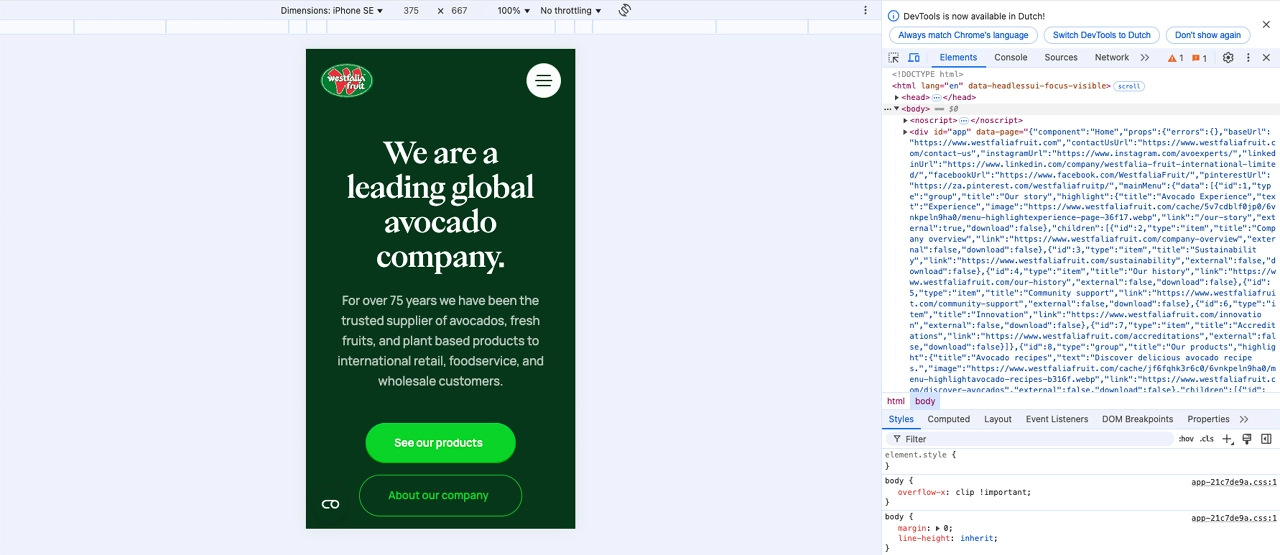 DevTools Chrome responsieve website Westfalia